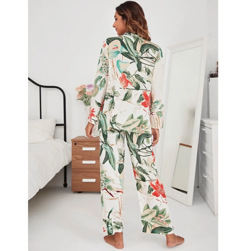 3 Piece Beige Green Floral Print Pajama Set - Picture 2 of 9